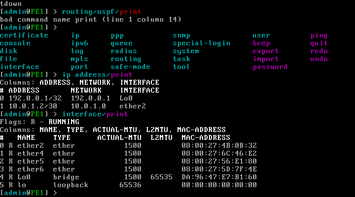 Interface en ligne de commande (CLI) d'un routeur MikroTik PE (Provider Edge), illustrant les configurations de routage et MPLS.